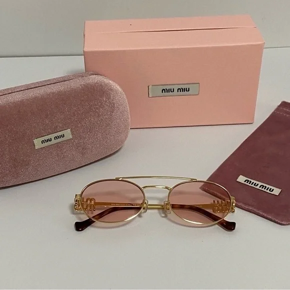 Miu Miu Pink Lens Gold Frame Oval Sunglasses - Picture 5 of 6
